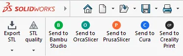 The 3D Print tab: Export STL, STL quality, and Send to Bambu Studio, OrcaSlicer, PrusaSlicer, Cura and Creality Print buttons
